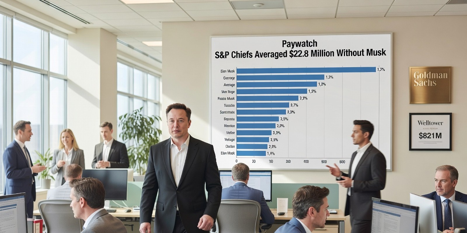 S&P Chiefs Averaged $22.8 Million Without Musk — Finance satirical illustration · SPICY tier · Roast Station editorial