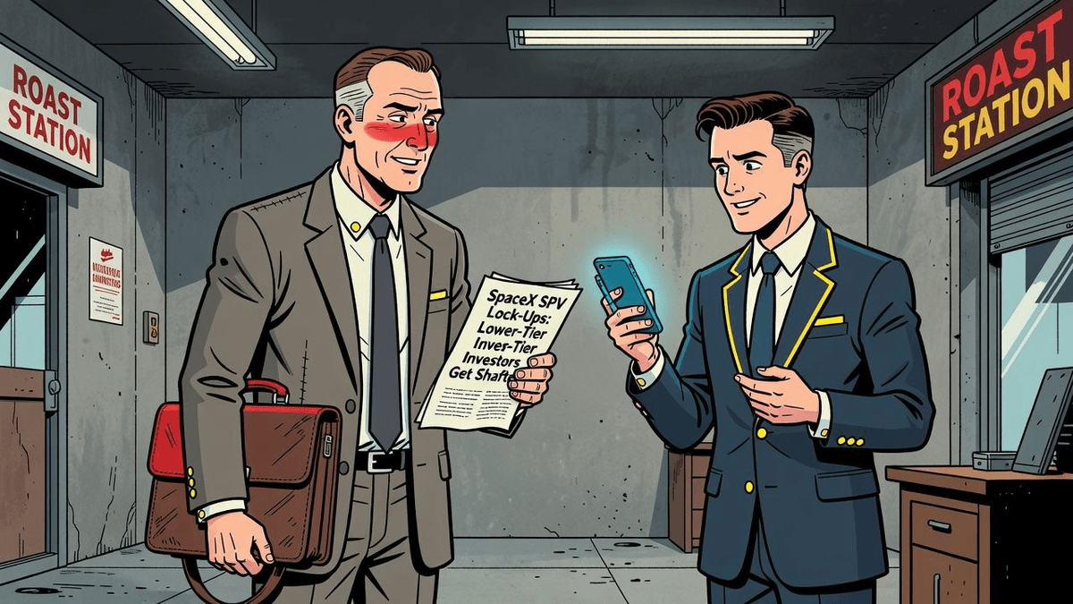 SpaceX SPV Lock-Ups: Lower-Tier Investors Get Shafted — Finance satirical illustration · SPICY tier · Roast Station editorial