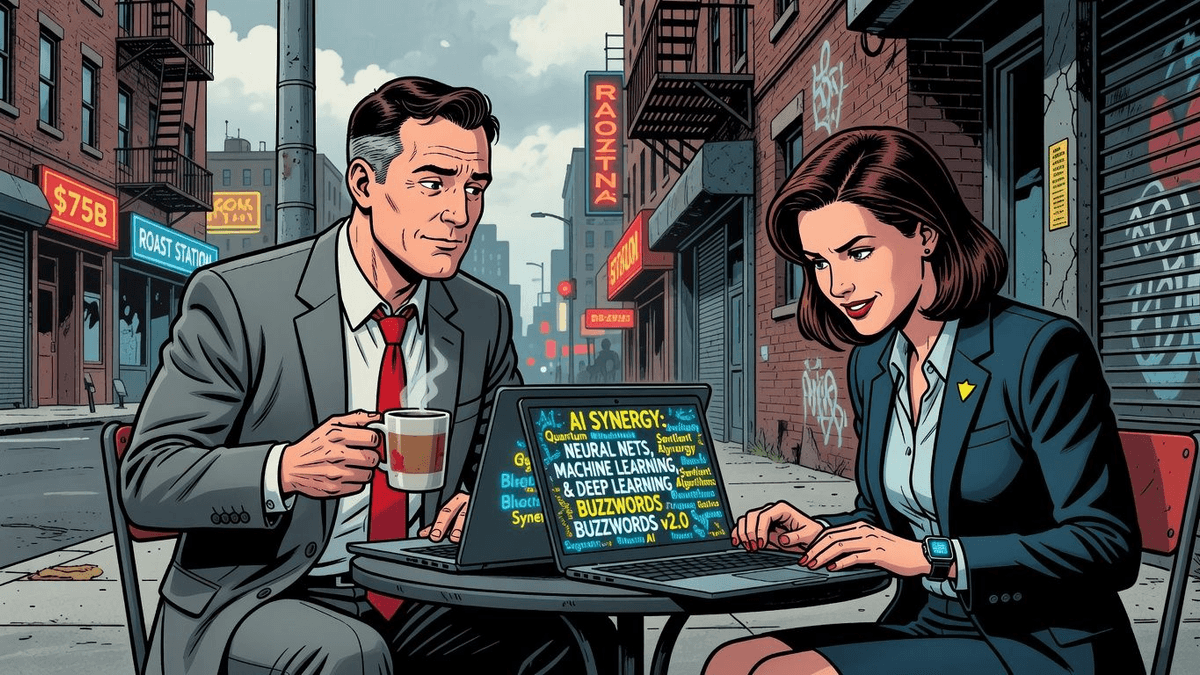 SpaceX's $75 Billion IPO: AI Buzzword Edition — Tech satirical illustration · SPICY tier · Roast Station editorial