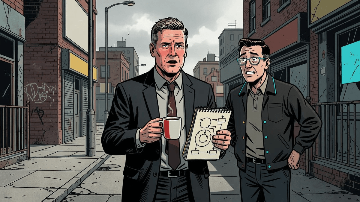 Starmer Spins Burnham's Makerfield Win Into Leadership Dead End — Politics satirical illustration · SPICY tier · Roast Station editorial