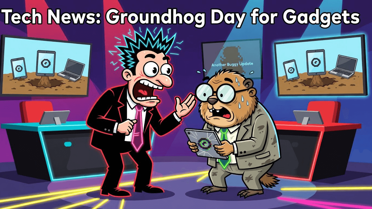Tech News: Groundhog Day for Gadgets — Tech satirical illustration · MEDIUM tier · Roast Station editorial