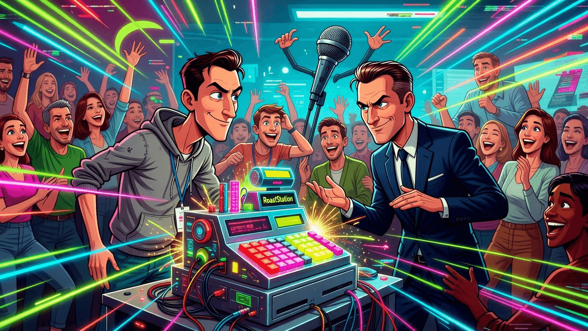 TechCrunch Battlefield 200: Apply Now to Lose Quietly — Tech satirical illustration · SPICY tier · Roast Station editorial