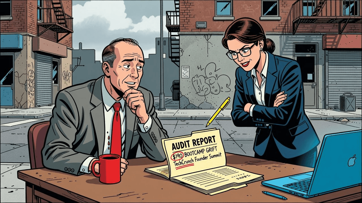 TechCrunch Founder Summit Audit Flags $190 Bootcamp Grift — Tech satirical illustration · SPICY tier · Roast Station editorial