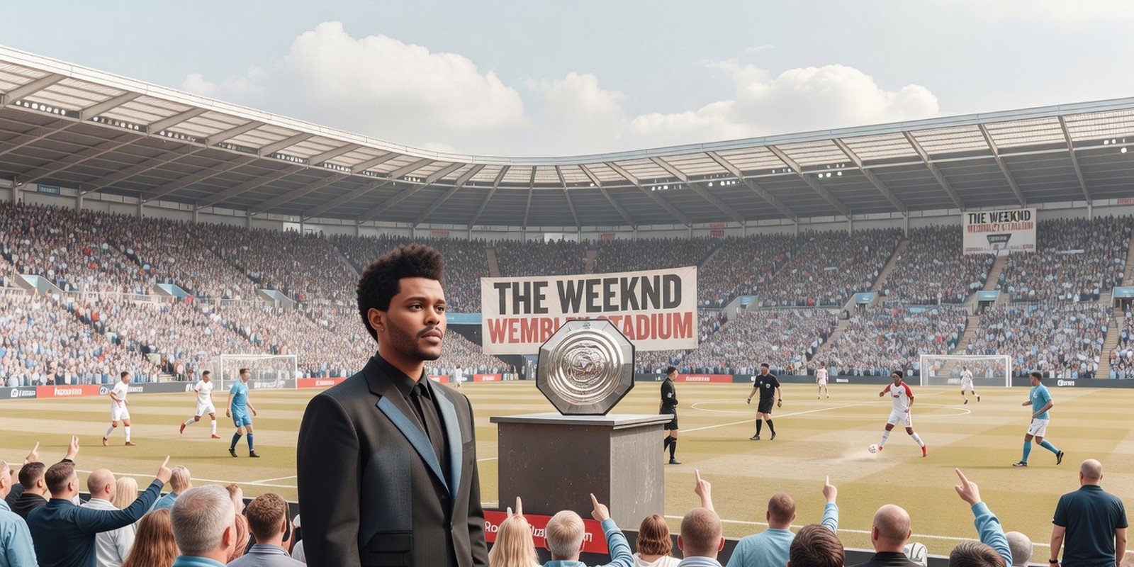 The FA Moved the Community Shield for The Weeknd — Sports satirical illustration · MEDIUM tier · Roast Station editorial