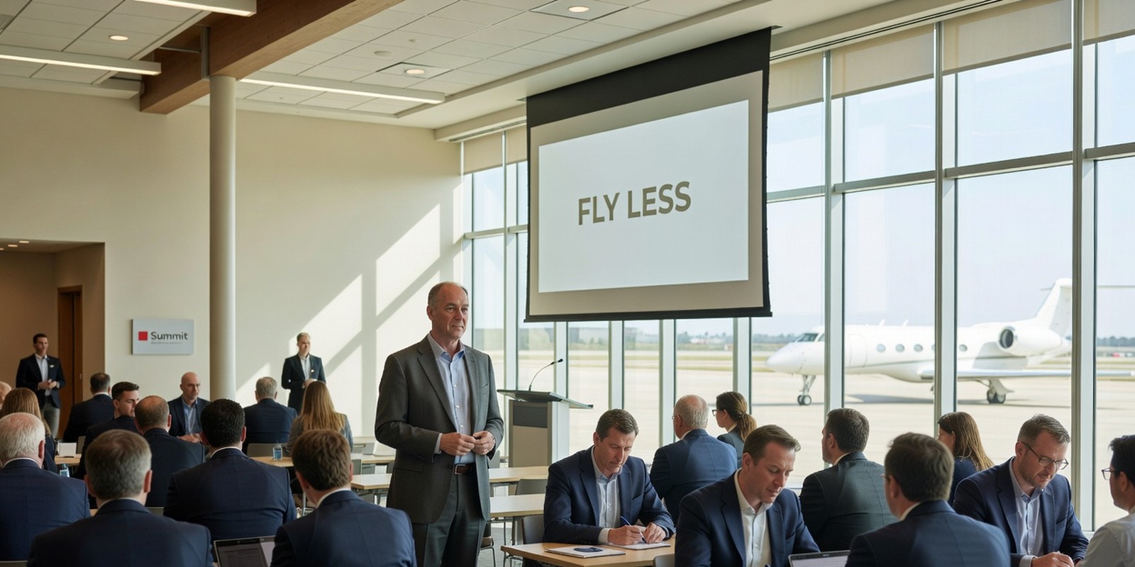The Summit Flew the Panel In to Talk About Flying Less — World satirical illustration · SPICY tier · Roast Station editorial