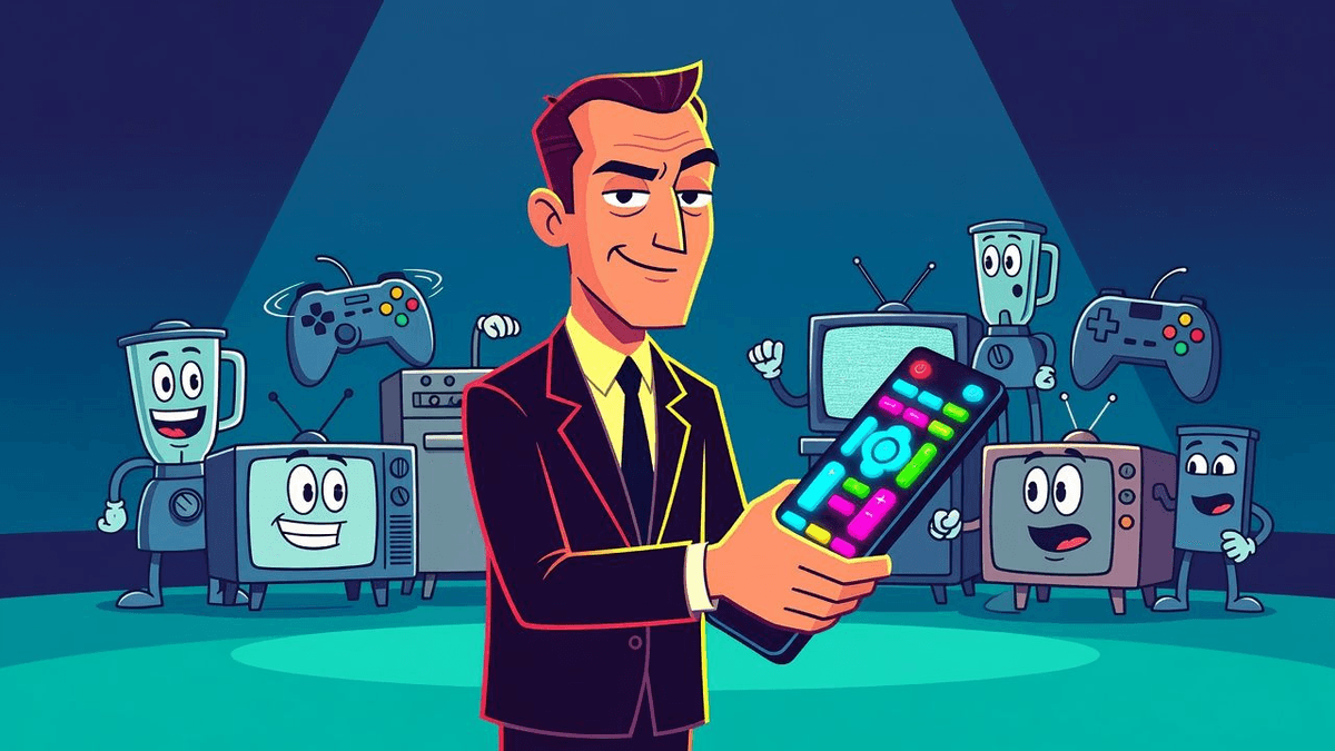 The Universal Remote's Impossible Control Fantasy — Tech satirical illustration · MEDIUM tier · Roast Station editorial