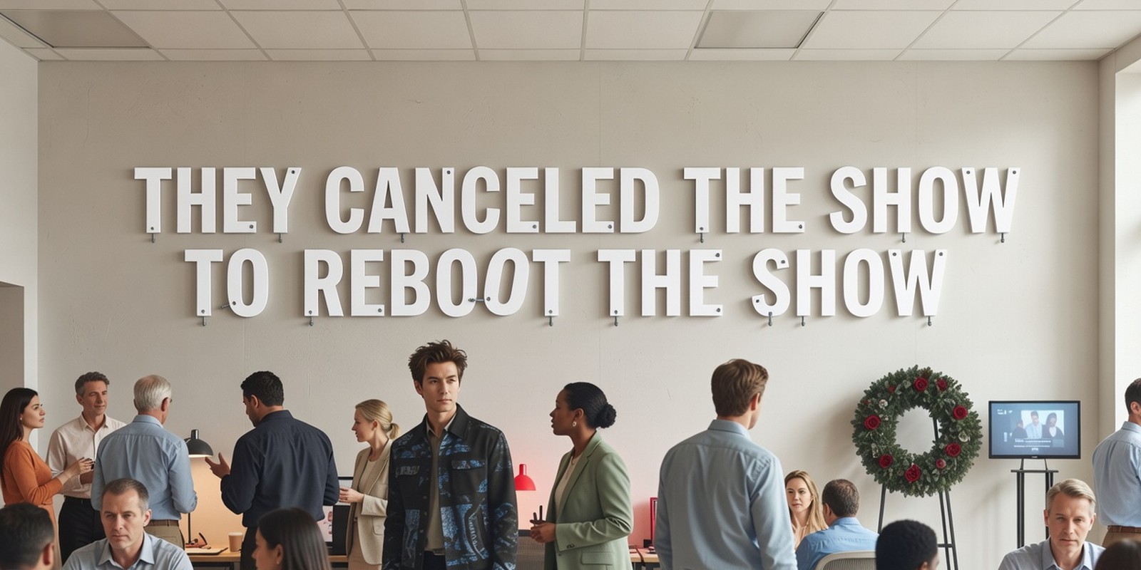 They Canceled the Show to Reboot the Show — Entertainment satirical illustration · SPICY tier · Roast Station editorial
