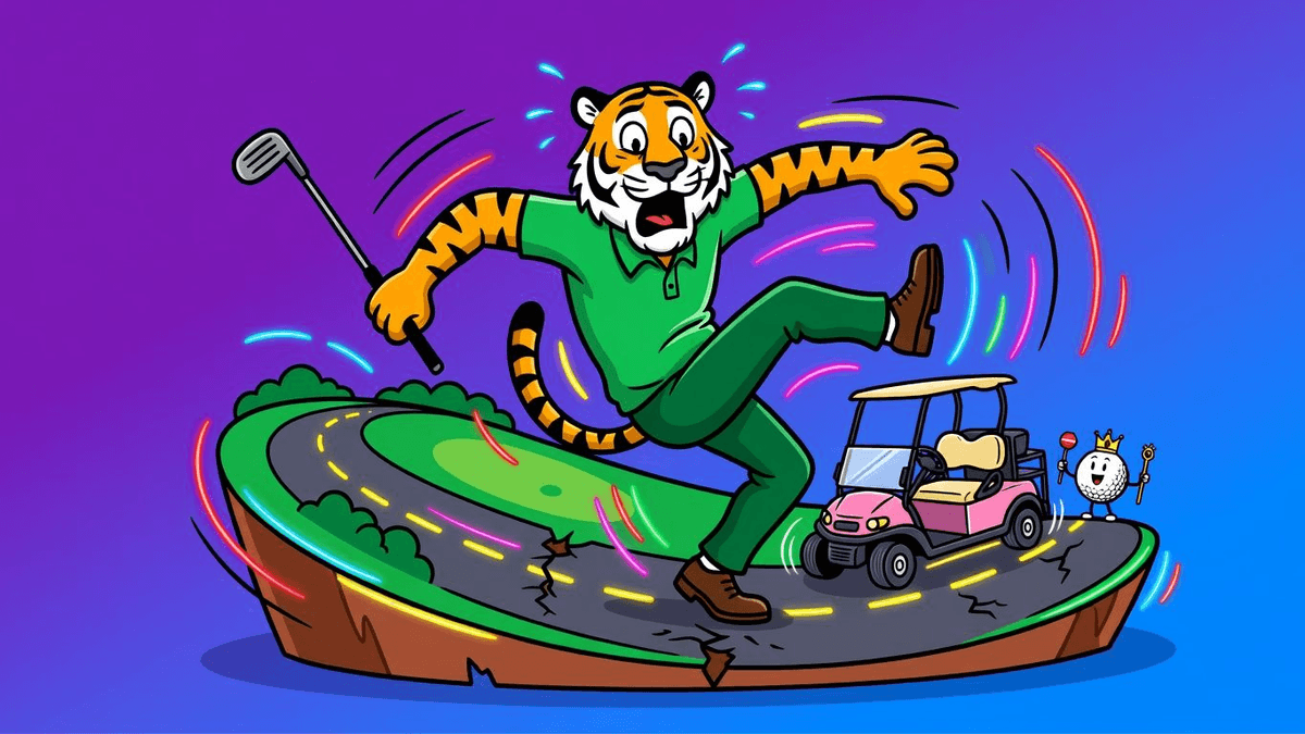 Tiger Woods: Fairway King, Freeway Flipper — Tech satirical illustration · SPICY tier · Roast Station editorial