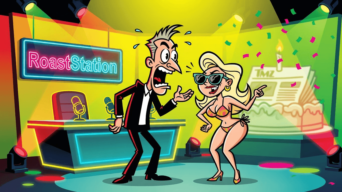 TMZ's Birthday Bash: Bikini Autopsy Edition — Tech satirical illustration · MEDIUM tier · Roast Station editorial