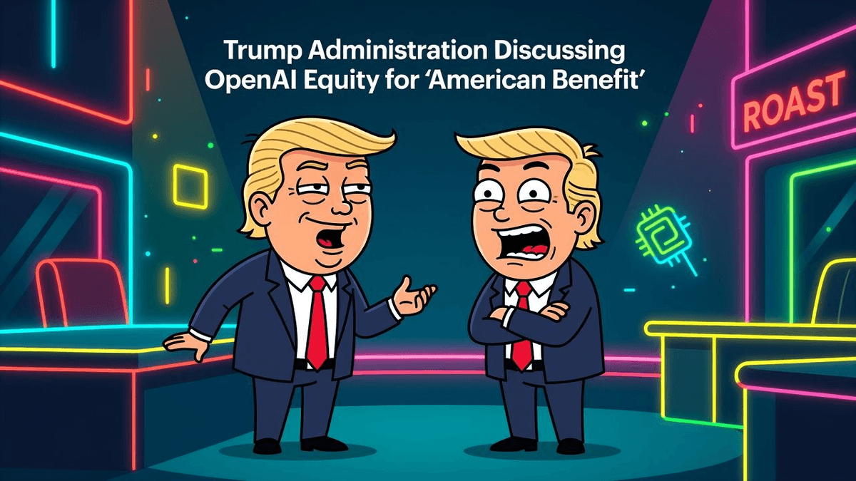 Trump Administration Discussing OpenAI Equity for 'American Benefit' — Politics satirical illustration · MEDIUM tier · Roast Station editorial
