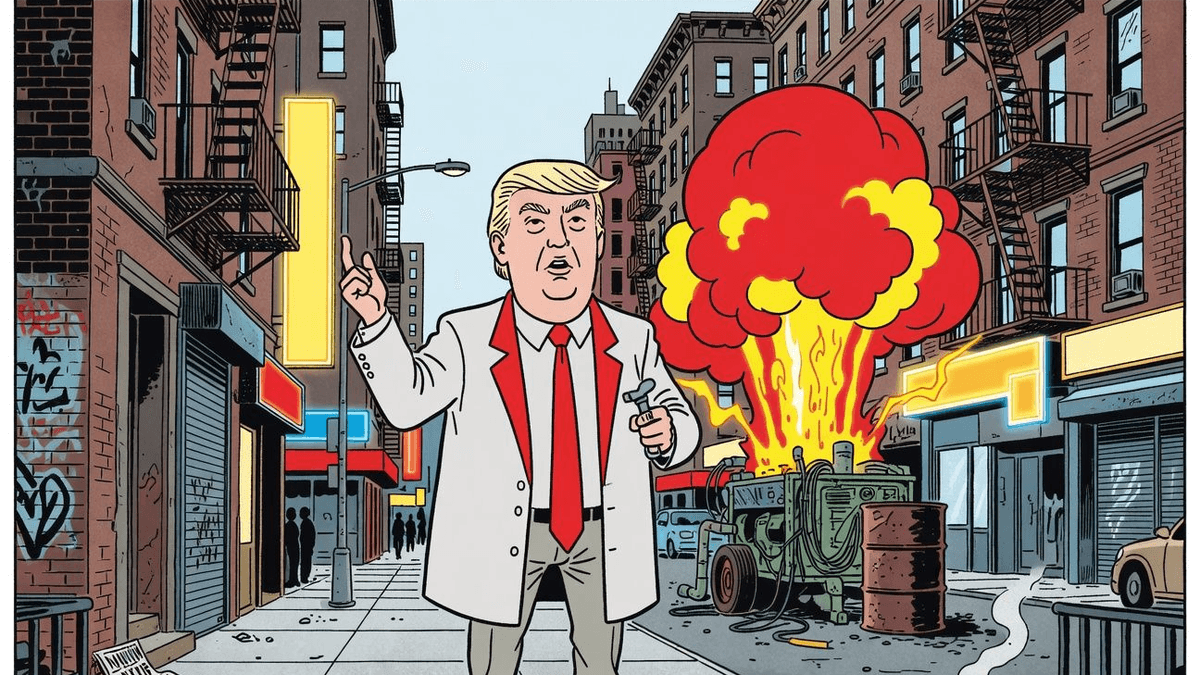 Trump's 'Massive Blow Up' Energy Plan — Politics satirical illustration · SPICY tier · Roast Station editorial