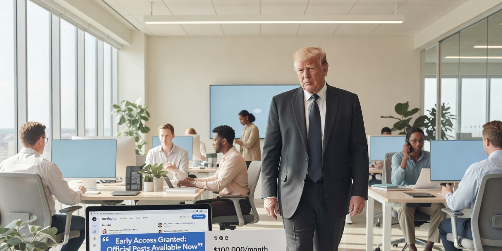 Trump Media Sold Early Access to Official Posts — Politics satirical illustration · SPICY tier · Roast Station editorial