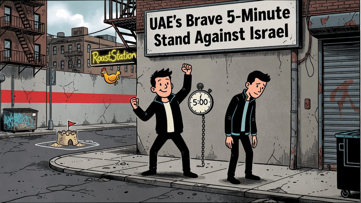 UAE's Brave 5-Minute Stand Against Israel — World satirical illustration · SPICY tier · Roast Station editorial