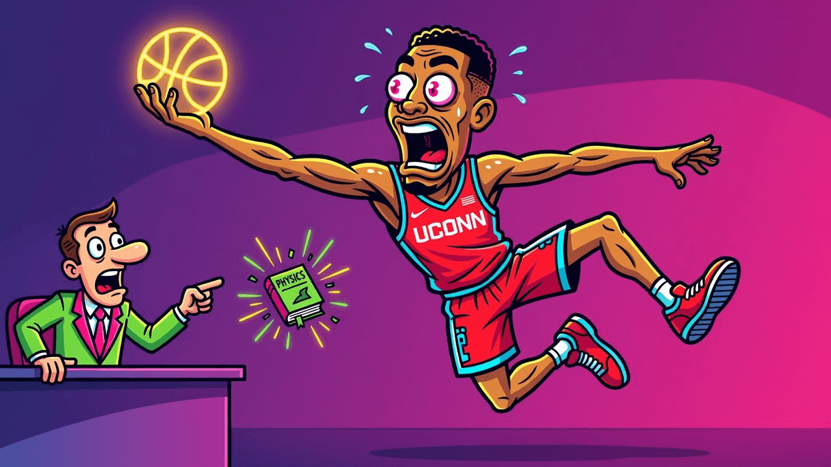 UConn Kid's 35-Foot Buzzer Beater Defies Physics — Tech satirical illustration · SPICY tier · Roast Station editorial