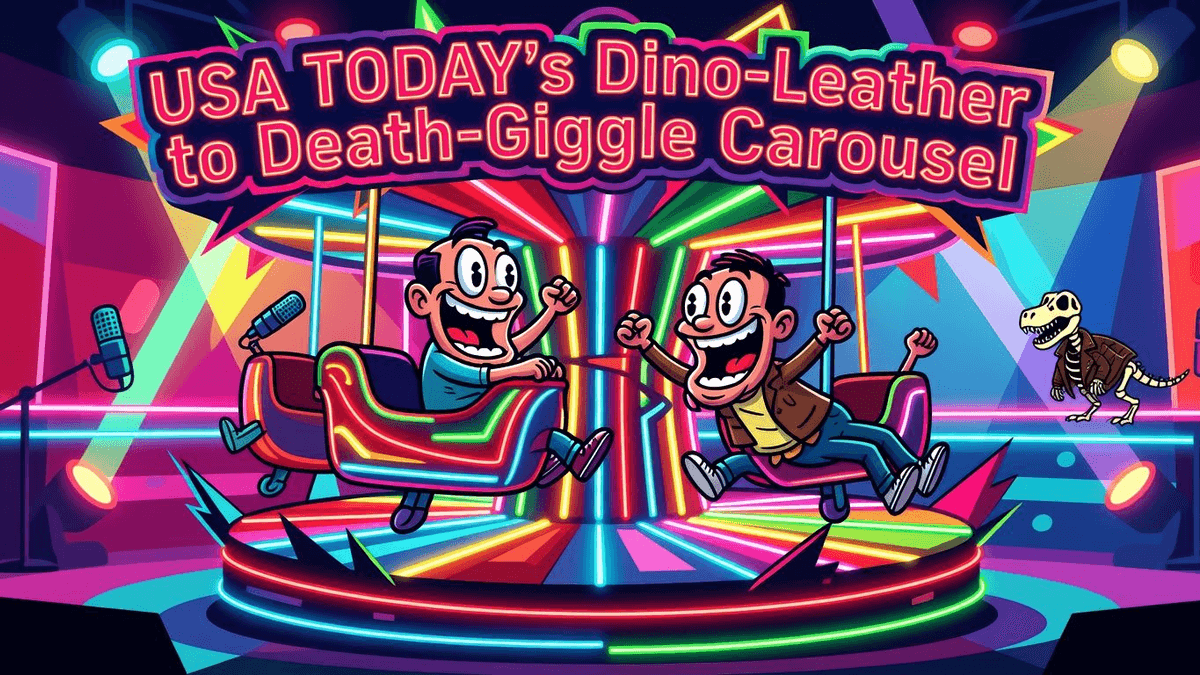 USA TODAY's Dino-Leather to Death-Giggle Carousel — Tech satirical illustration · SPICY tier · Roast Station editorial
