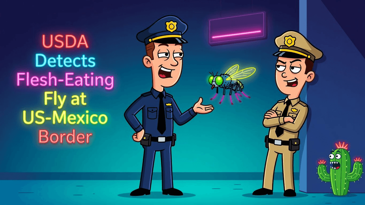 USDA Detects Flesh-Eating Fly at US-Mexico Border — World satirical illustration · MEDIUM tier · Roast Station editorial