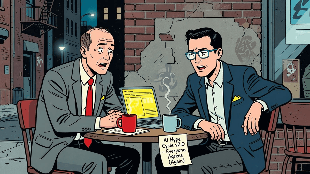 VCs Half-Kiddingly Confess AI Groupthink Frenzy — Tech satirical illustration · SPICY tier · Roast Station editorial