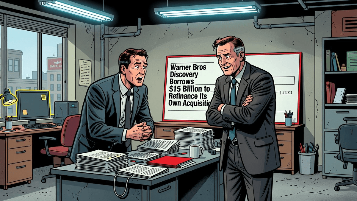 Warner Bros Discovery Borrows $15 Billion to Refinance Its Own Acquisition — Finance satirical illustration · SPICY tier · Roast Station editorial
