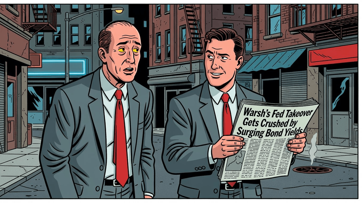 Warsh’s Fed Takeover Gets Crushed by Surging Bond Yields — Finance satirical illustration · SPICY tier · Roast Station editorial