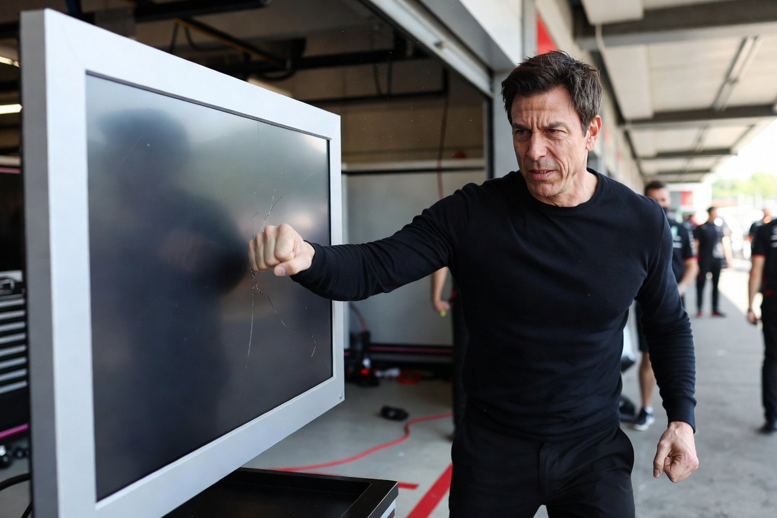 Wolff Punched the Timing Monitor at Monza — Sports satirical illustration · SPICY tier · Roast Station editorial