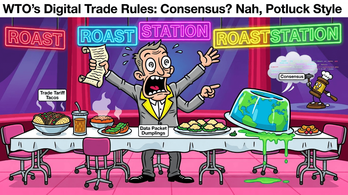 WTO's Digital Trade Rules: Consensus? Nah, Potluck Style — Tech satirical illustration · SPICY tier · Roast Station editorial