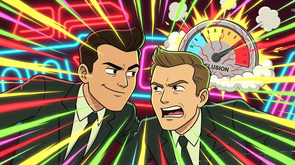 YC Demo Day: Ego Meter Hits Record Delusion — Tech satirical illustration · SPICY tier · Roast Station editorial